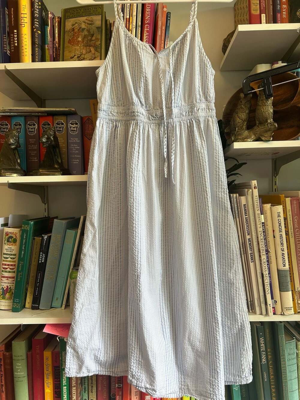 LOFT Blue and White Striped Seersucker Tie-Front Cami Midi Dress